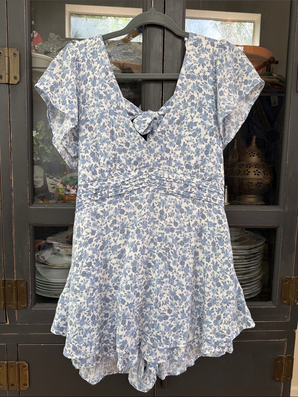 Blue Rain Floral V-Neck Romper - Large